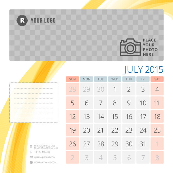 Calendar 2015 July template with place for photo. Week starts sunday