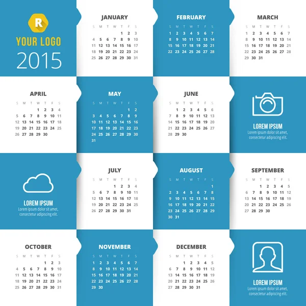 Calendrier 2015 modèle vectoriel semaine commence dimanche — Image vectorielle