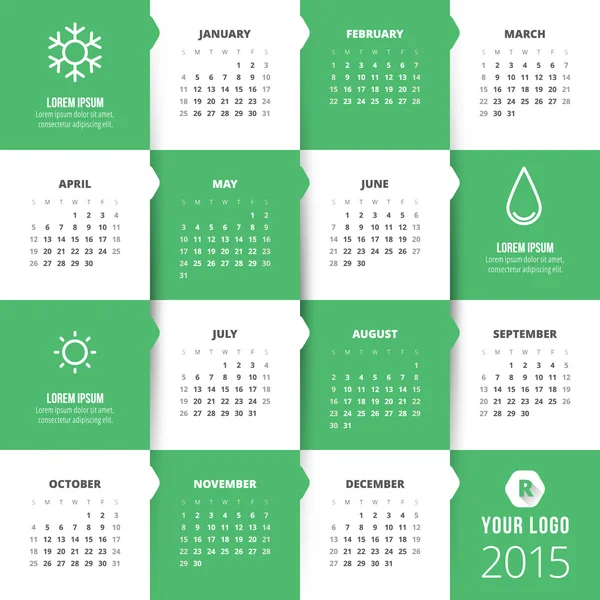 Calendrier 2015 modèle vectoriel semaine commence dimanche — Image vectorielle