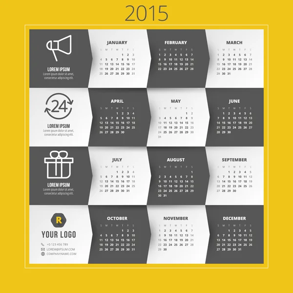 Calendar 2015 vector template week starts sunday — Stock Vector