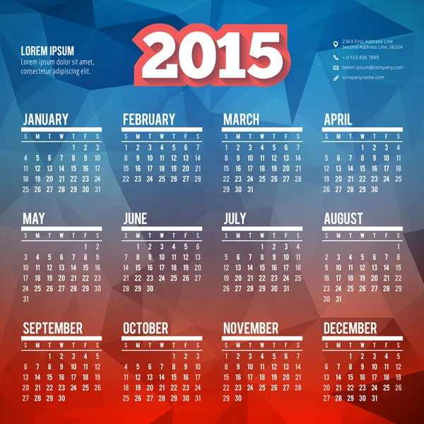 Calendrier 2015 modèle vectoriel semaine commence dimanche — Image vectorielle