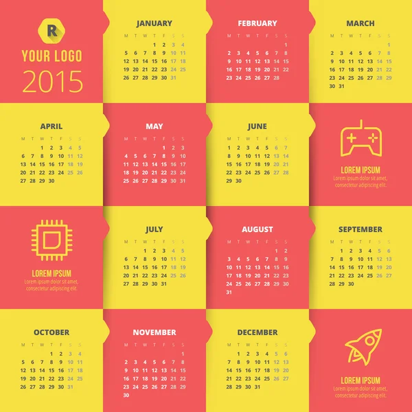 Calendario 2015 vector plantilla semana comienza lunes — Vector de stock