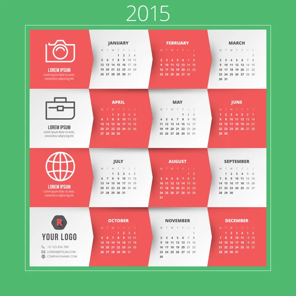 Kalender startar 2015 vector mall vecka måndag — Stock vektor