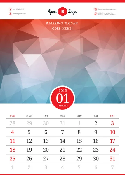 Неделя векторных шаблонов календаря 2015 начинается в воскресенье — стоковый вектор
