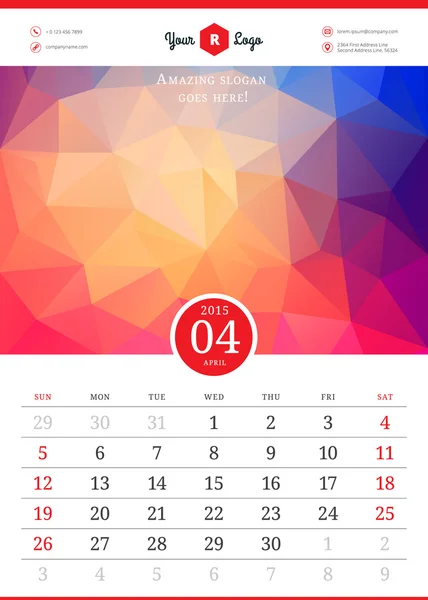 Неделя векторных шаблонов календаря 2015 начинается в воскресенье — стоковый вектор