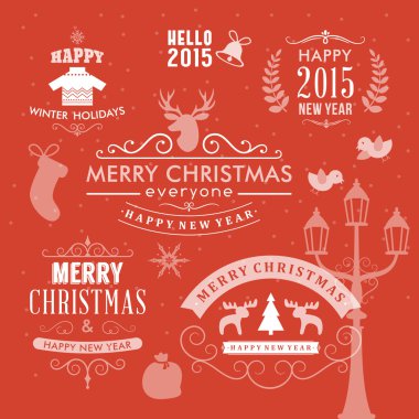 Noel dekorasyon tasarım öğeleri, Etiketler, semboller, simgeler, nesneleri ve tatil dilek kümesi