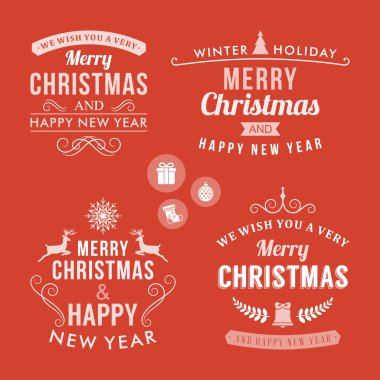 Noel dekorasyon tasarım öğeleri, Etiketler, semboller, simgeler, nesneleri ve tatil dilek kümesi