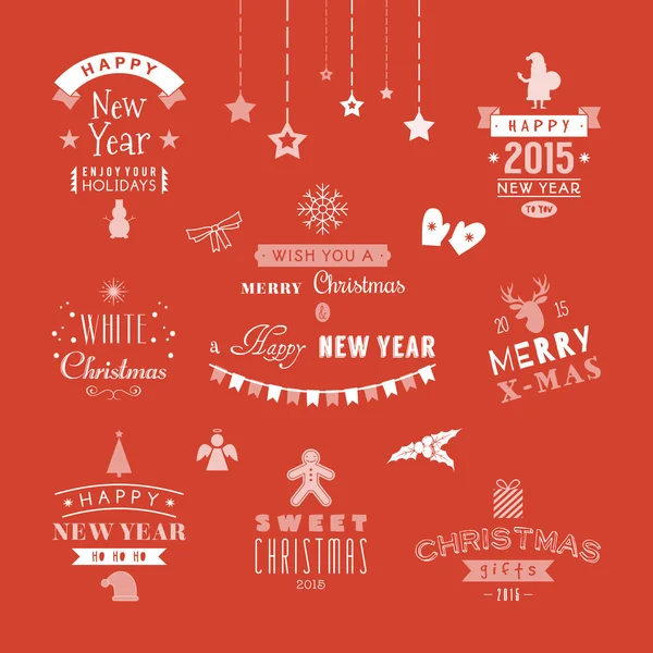 Weihnachtsdekoration Set aus Gestaltungselementen, Etiketten, Symbolen, Symbolen, Objekten und Feiertagswünschen — Stockvektor
