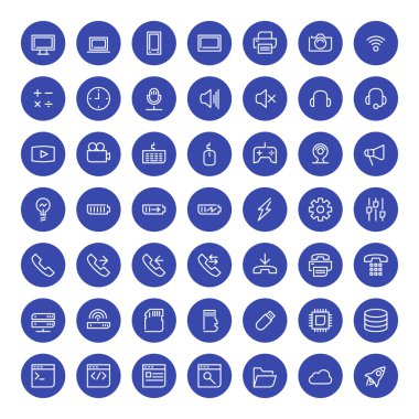 İnce çizgi teknoloji simgeleri web ve mobil uygulamalar için ayarlayın. Beyaz ve mavi renkleri düz tasarım. Bilgisayar, akıllı telefon, batarya, ses, ayarları, veri