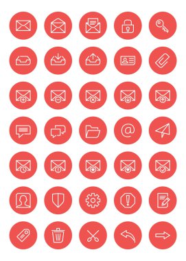 İnce çizgi posta simgeleri web ve mobil uygulamalar için ayarlayın. Beyaz ve pembe renkleri düz tasarım. İleti, zarf, arşiv, spam