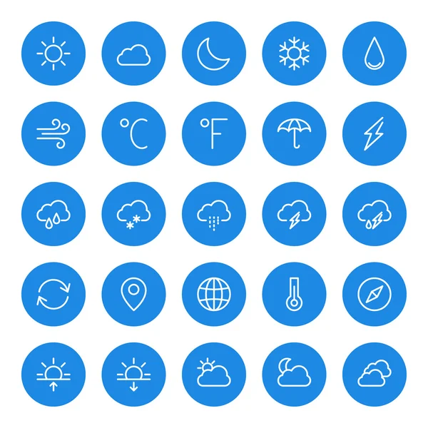 Тонкая линия иконки погоды, установленные для веб и мобильных приложений. Белый и синий цвета плоский дизайн. Озил, солнце, дождь, буря, снег, луна — стоковый вектор