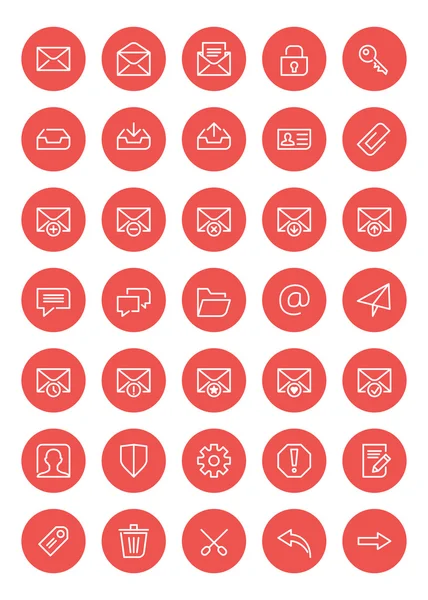 Tenká linie pošty ikony nastavit pro web a mobilní aplikace. Plochý design bílé a růžové barvy. Zpráva, obálka, archiv, spamu — Stockový vektor