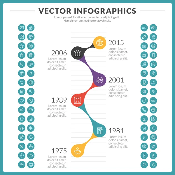 Infographie vectorielle et éléments de conception avec jeu d'icônes pour brochures, dépliants et sites Web — Image vectorielle