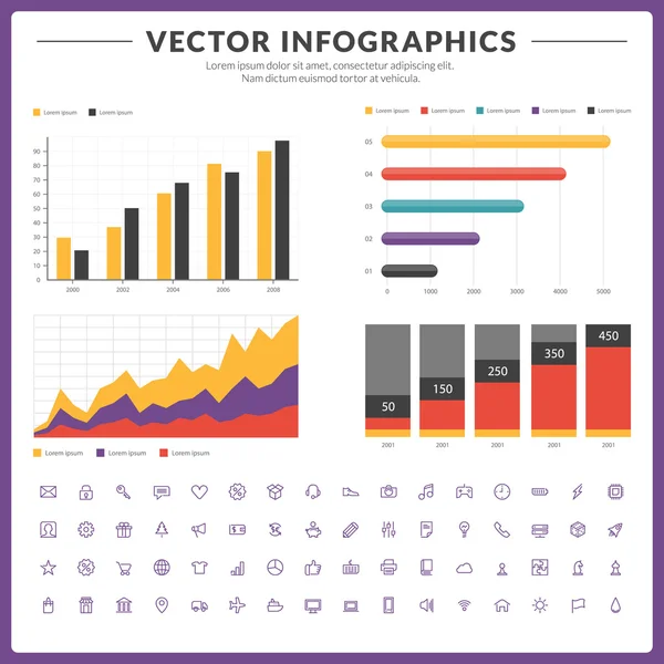 Vector infographics en ontwerpelementen met icon set voor brochures, folders en websites — Stockvector