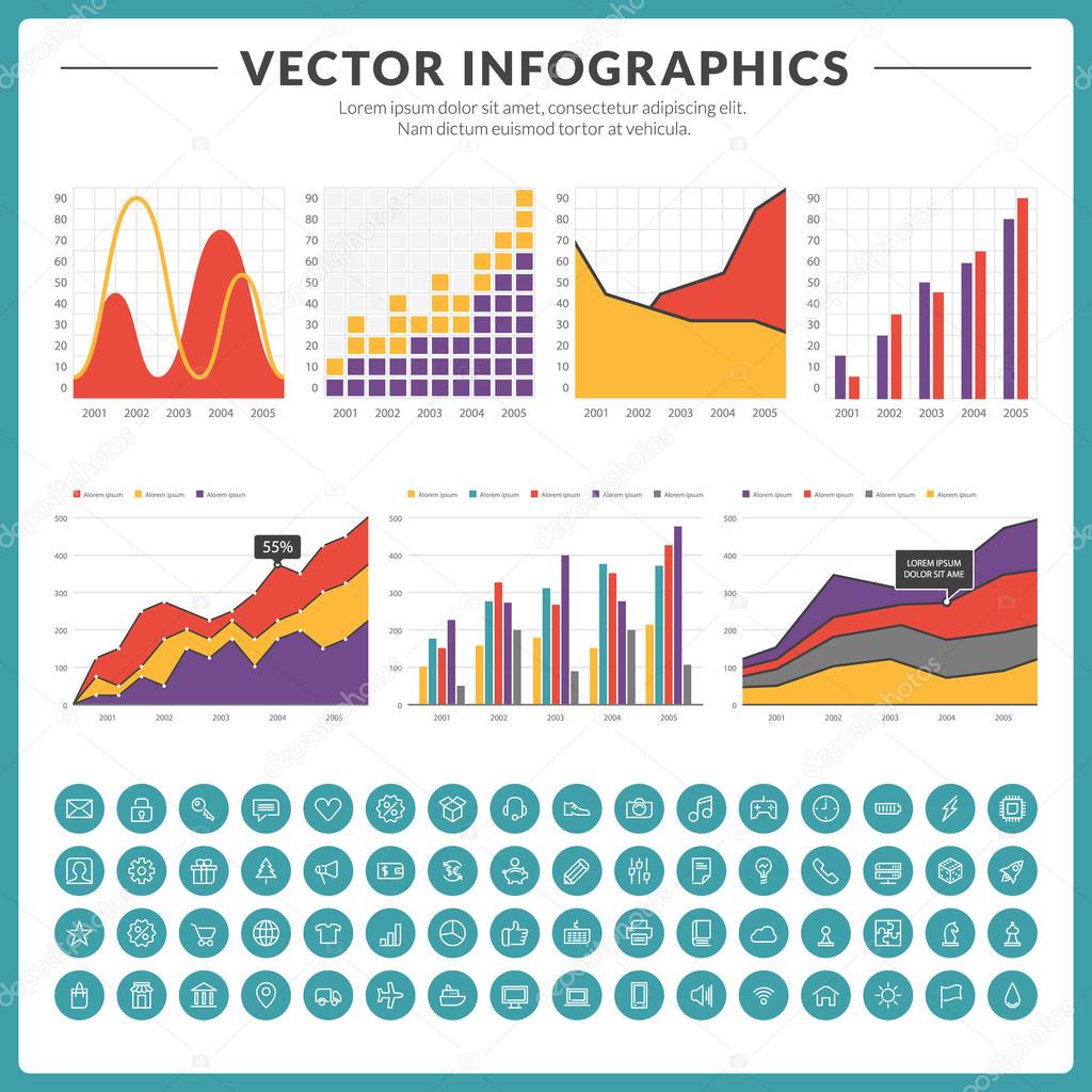 Vector infographics and design elements with icon set for brochures, flyers and websites