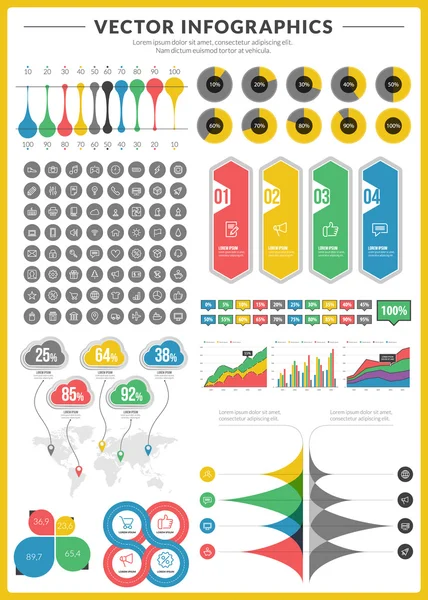 Paquete grande de infografías vectoriales de visualización de datos y elementos de diseño con barra de negocios, gráficos, gráficos, diagramas e iconos para folletos, volantes y sitios web — Archivo Imágenes Vectoriales