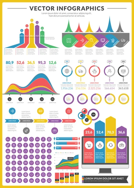 Big pack of data visualization vector infographics and design elements with business bar, charts, graph, diagrams and icon set for brochures, flyers and websites — Stock Vector