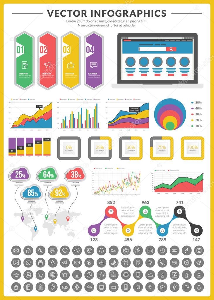 Big pack of data visualization vector infographics and design elements with business bar, charts, graph, diagrams and icon set for brochures, flyers and websites