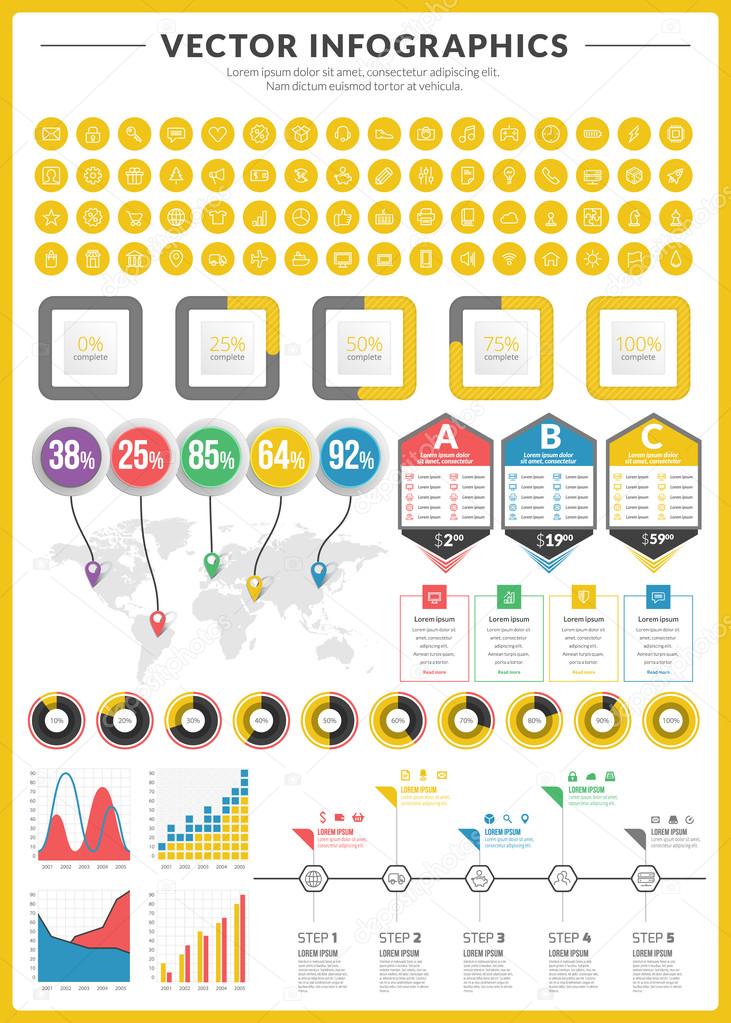 Big pack of data visualization vector infographics and design elements with business bar, charts, graph, diagrams and icon set for brochures, flyers and websites