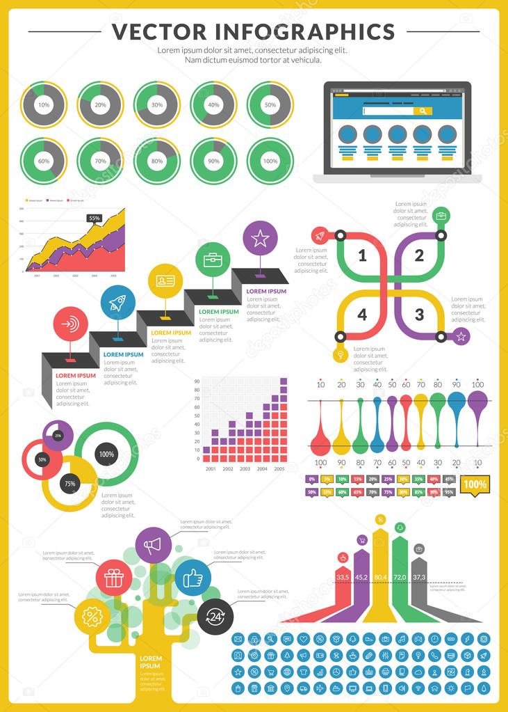 Big pack of data visualization vector infographics and design elements with business bar, charts, graph, diagrams and icon set for brochures, flyers and websites