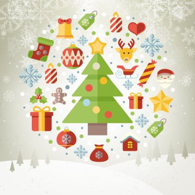 Vintage Noel tebrik kartı, simgeler ve semboller, yılbaşı ağacı, kar taneleri, hediye kutusu, santa öğeleri vektör arka plan