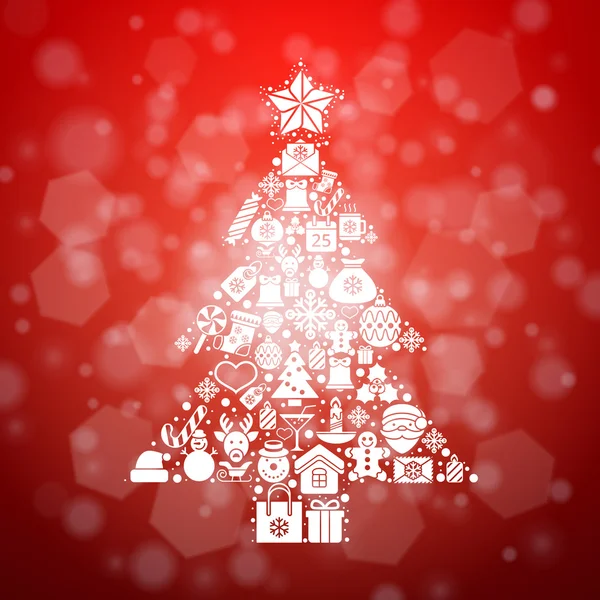 Vintage Noel tebrik kartı, simgeler ve semboller, yılbaşı ağacı, kar taneleri, hediye kutusu, santa öğeleri vektör arka plan — Stok Vektör