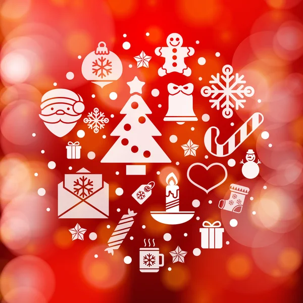 Vintage Noel tebrik kartı, simgeler ve semboller, yılbaşı ağacı, kar taneleri, hediye kutusu, santa öğeleri vektör arka plan — Stok Vektör