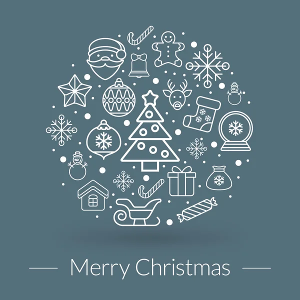 Natal cartão de saudação, ícones e símbolos, árvore de natal, flocos de neve, caixa de presente, fundo do vetor de elementos santa — Vetor de Stock
