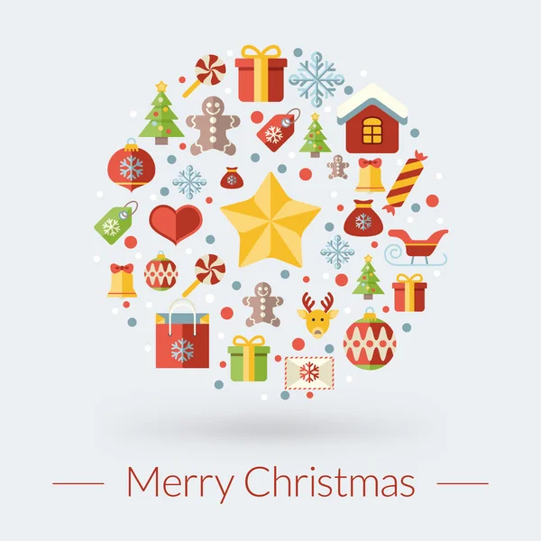 Weihnachtsgrußkarte, Ikonen und Symbole, Weihnachtsbaum, Schneeflocken, Geschenkbox, Weihnachtsmann-Elemente-Vektorhintergrund — Stockvektor