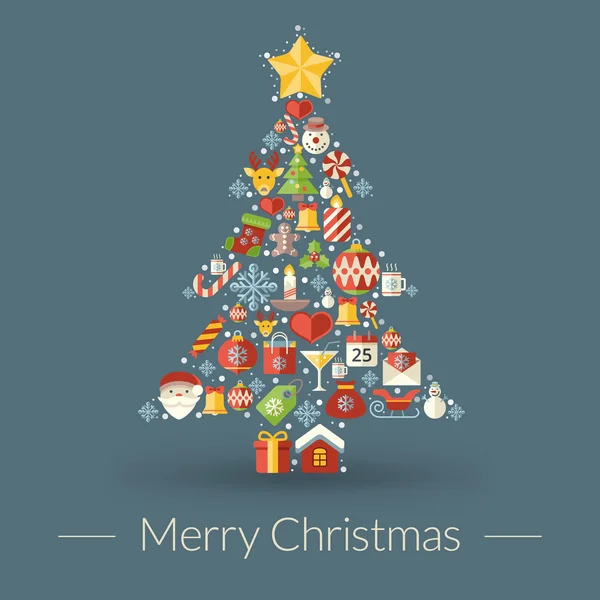 Noel tebrik kartı, simgeler ve semboller, yılbaşı ağacı, kar taneleri, hediye kutusu, santa öğeleri vektör arka plan