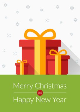 Noel tebrik kartı, simgeler ve semboller, yılbaşı ağacı, kar taneleri, hediye kutusu, santa öğeleri vektör arka plan