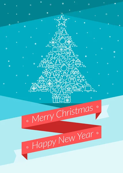 Natal cartão de saudação, ícones e símbolos, árvore de natal, flocos de neve, caixa de presente, fundo do vetor de elementos santa — Vetor de Stock