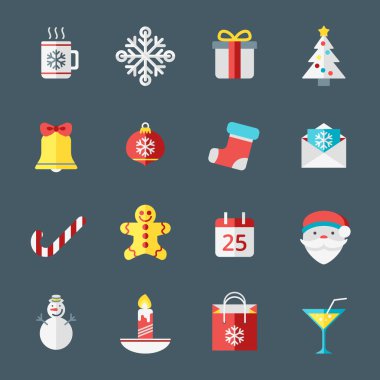 Düz tasarım stili web ve uygulamalar için Noel simgeler. Kar tanesi, Santa, Bell, hediye kutusu, takvim, ağaç