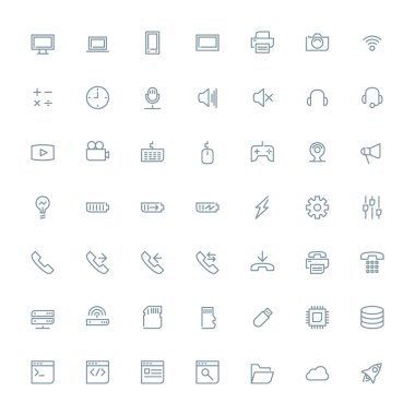 İnce çizgi teknoloji simgeleri web ve mobil uygulamalar için ayarlayın. Beyaz arka plan gri simgeleri. Bilgisayar, akıllı telefon, batarya, ses, ayarları, veri