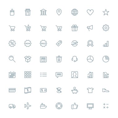 İnce çizgi alışveriş ve iş simgeleri web ve mobil uygulamalar için ayarlayın. Beyaz arka plan gri simgeleri. Para, banka, market, alışveriş, satış, teslimat