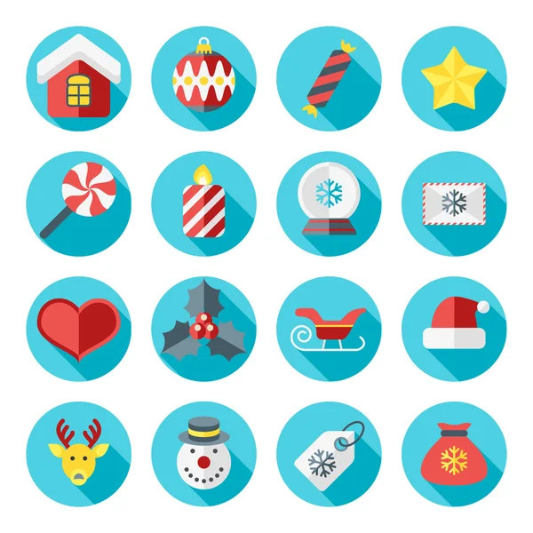 वेब आणि अनुप्रयोगांसाठी फ्लॅट डिझाइन शैलीत ख्रिसमस चिन्ह. कँडी, स्नोमॅन, रींडेर, गिफ्ट, मेणबत्ती — स्टॉक व्हेक्टर