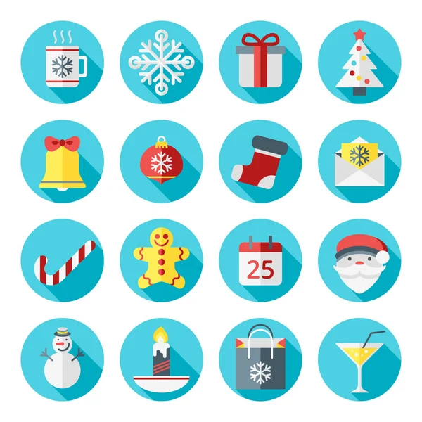 Kerst iconen in de stijl van de platte ontwerp voor web- en toepassingen. Sneeuwvlok, Santa, Bell, Gift box, kalender, boom — Stockvector