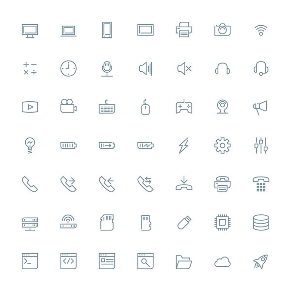 Иконки тонких линий для веб и мобильных приложений. Серые иконки на белом фоне. Озил, смартфон, батарея, звук, настройки, данные
