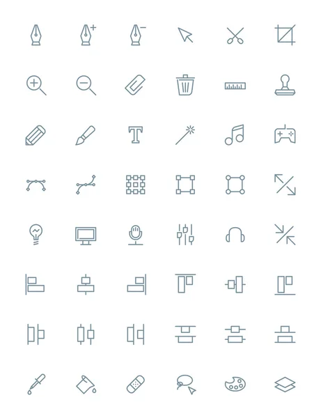Tenká linie návrhové nástroje ikony nastavit pro web a mobilní aplikace. Šedé ikony na bílém pozadí. Pero, nástroj, nůžky, razítko, zarovnání, počítač — Stockový vektor