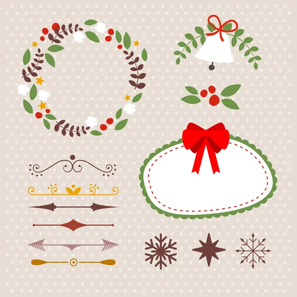 Kerstmis decoratie set ontwerpelementen, labels, symbolen, objecten en vakantie wensen — Stockvector