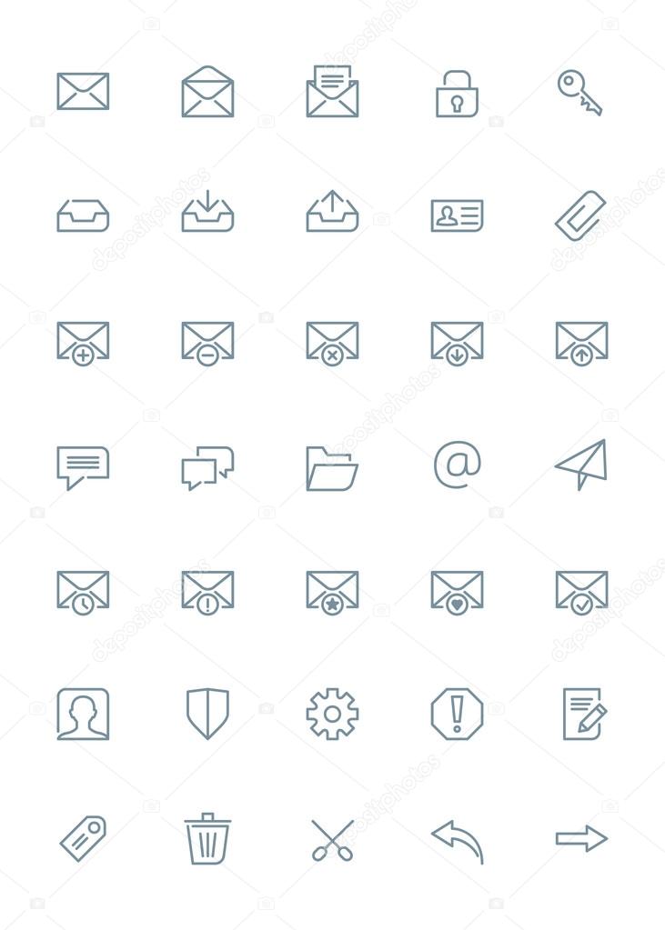 Thin line mail icons set for web and mobile apps. Gray icons on white background. Message, envelope, archive, spam