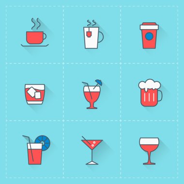 İçecekler simgeler. Vektör simge düz tasarım stili ayarla. Web sitesi tasarımı ve mobil uygulamalar için