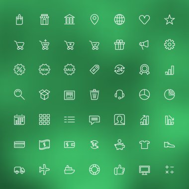 İnce çizgi alışveriş ve iş simgeleri web ve mobil uygulamalar için ayarlayın. Yeşil arka plan bulanık beyaz simgeleri. Para, banka, market, alışveriş, satış, teslimat