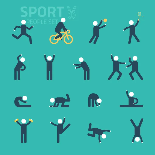 Sport und Gesundheit Menschen flache Symbole, Menschen spielen, Sport, Yoga, Radrennen, Fitness, Schwimmen Vektor Illustration. — Stockvektor