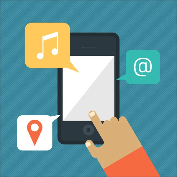 Handhold smart phone - musica, posta, icone di posizione - disegno piatto vettoriale illustrazione — Vettoriale Stock