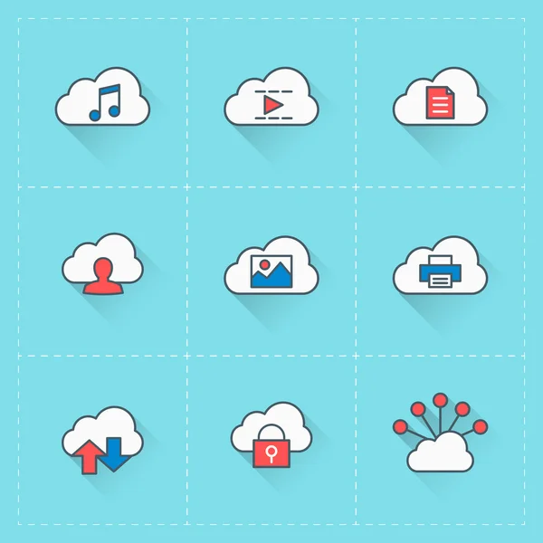 Cloud computing pictogrammen. Vector pictogrammenset in vlakke stijl. Voor web siteontwerp en mobiele apps — Stockvector