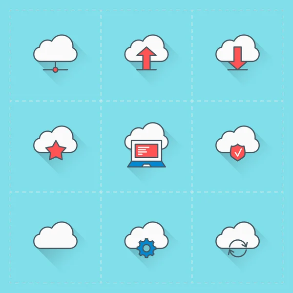 Cloud computing pictogrammen. Vector pictogrammenset in vlakke stijl. Voor web siteontwerp en mobiele apps — Stockvector