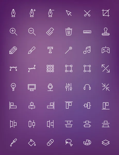Tunn linje design verktyg ikoner anger för webben och mobila apps. Ikonerna på den suddig lila bakgrunden. Penna, verktyg, sax, stämpel, justering, dator — Stock vektor