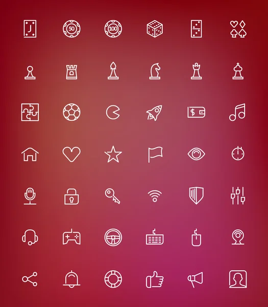 Spel iconen van de dunne lijn ingesteld voor web en mobiele apps. Witte pictogrammen op de wazig rode achtergrond. Schaken, puzzel, dobbelstenen, kaarten, spelen de elementen van de gebruikersinterface — Stockvector