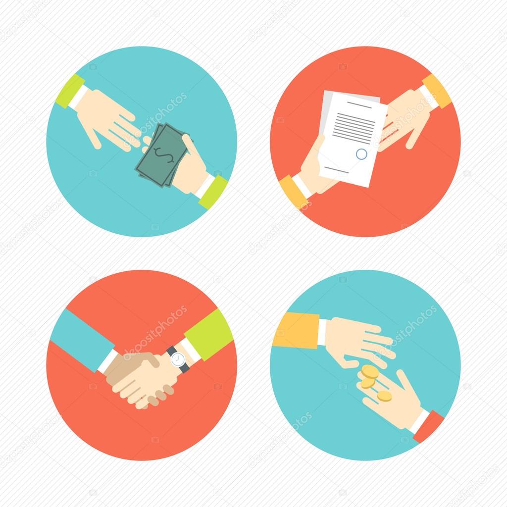 Hands with business object and icons, money, contract, partnership set flat design Vector illustration 